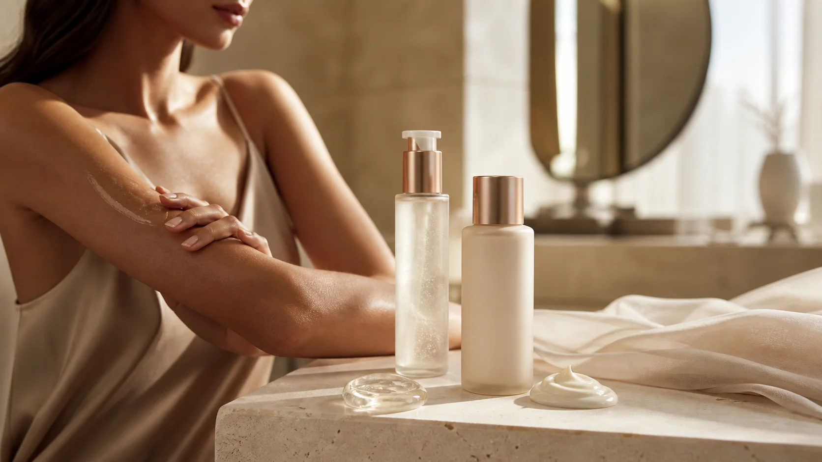 Body serum and body lotion in a luxury skincare editorial