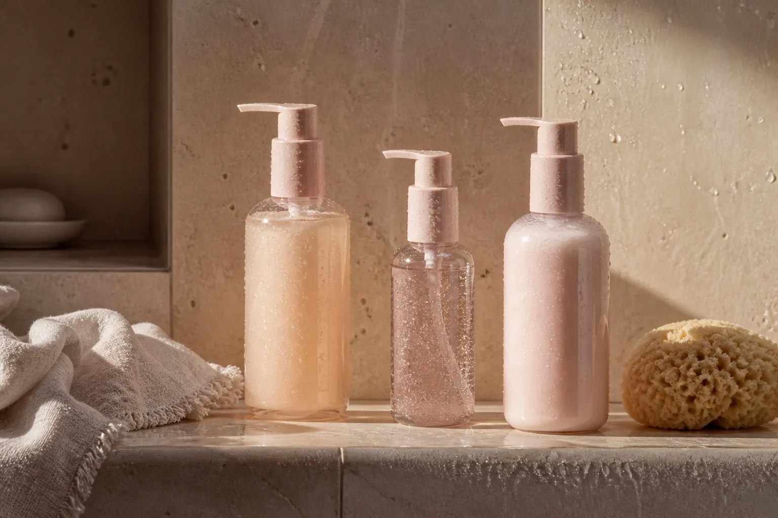 Coordinated body cleanser, serum and lotion range in a shower setting