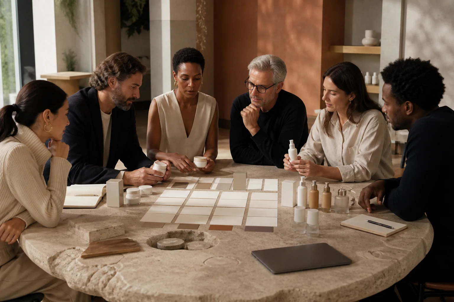 Diverse beauty team comparing unbranded skincare products with a structured scorecard