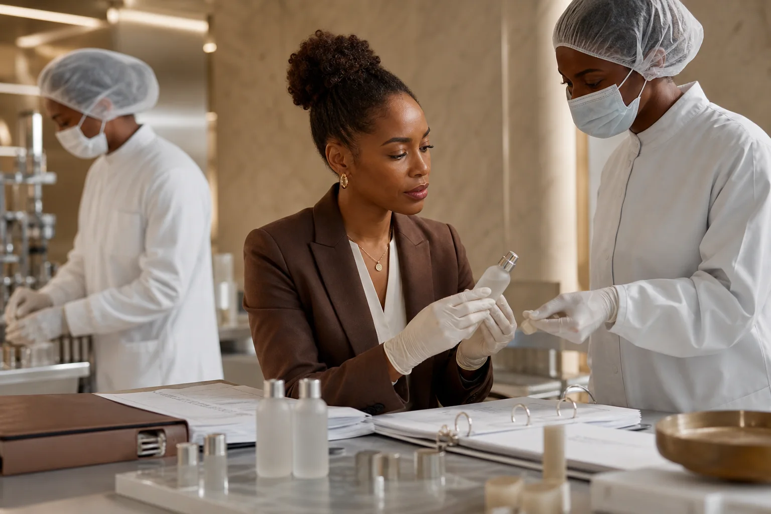 Quality director and production staff reviewing an unbranded skincare bottle and controlled records