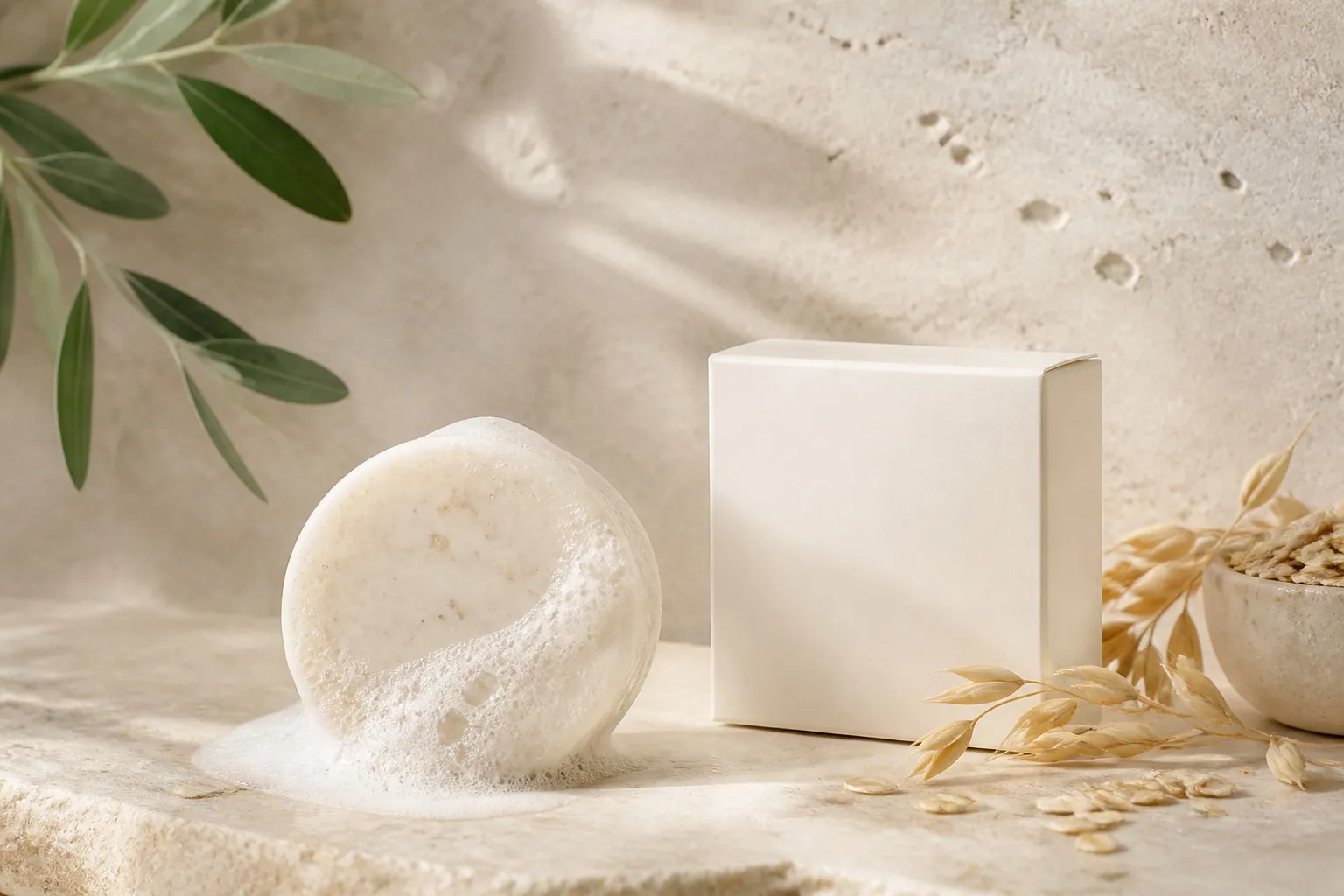 Botanical facial cleansing bar with creamy lather and unbranded carton
