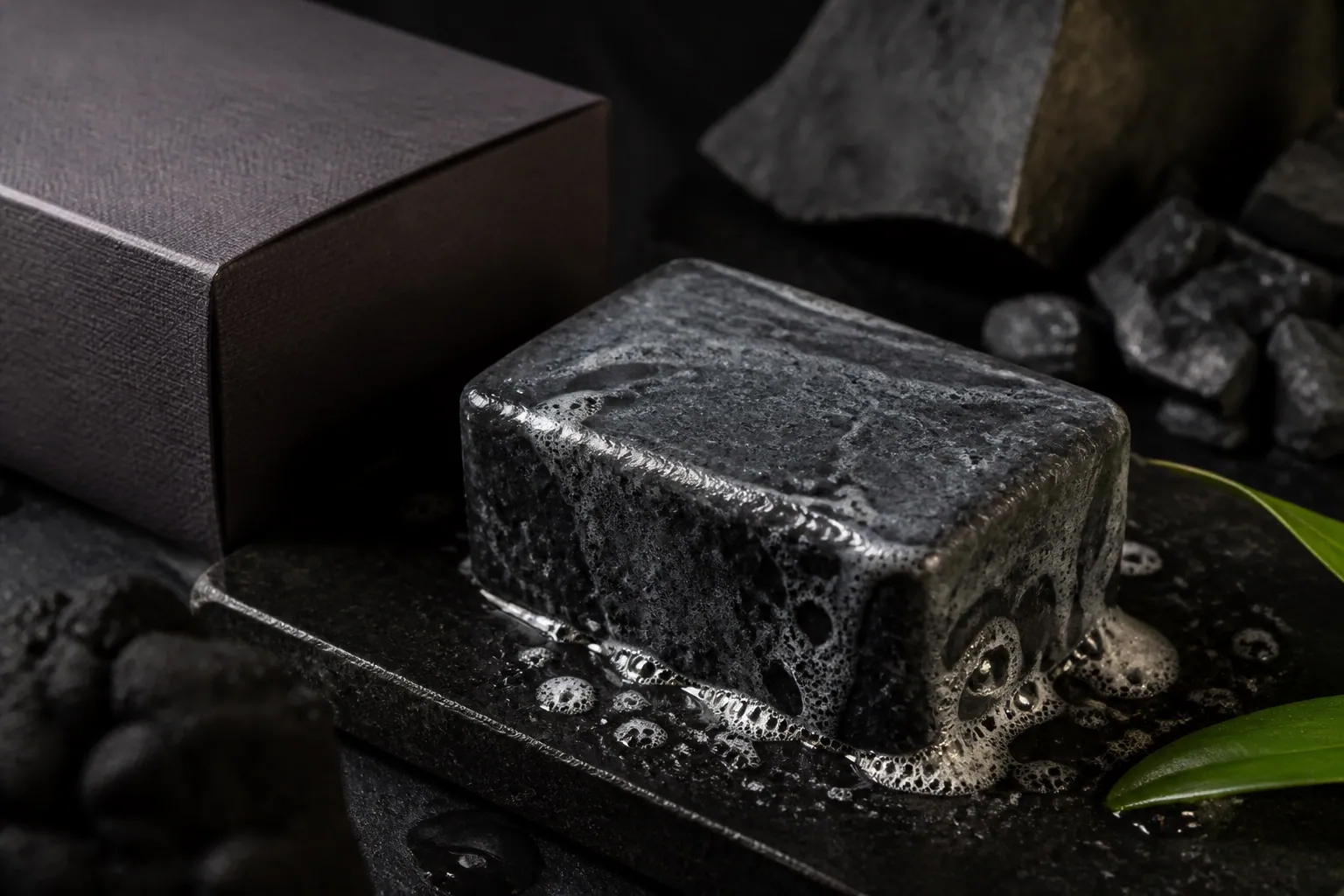 Charcoal facial cleansing bar in a dramatic premium still life