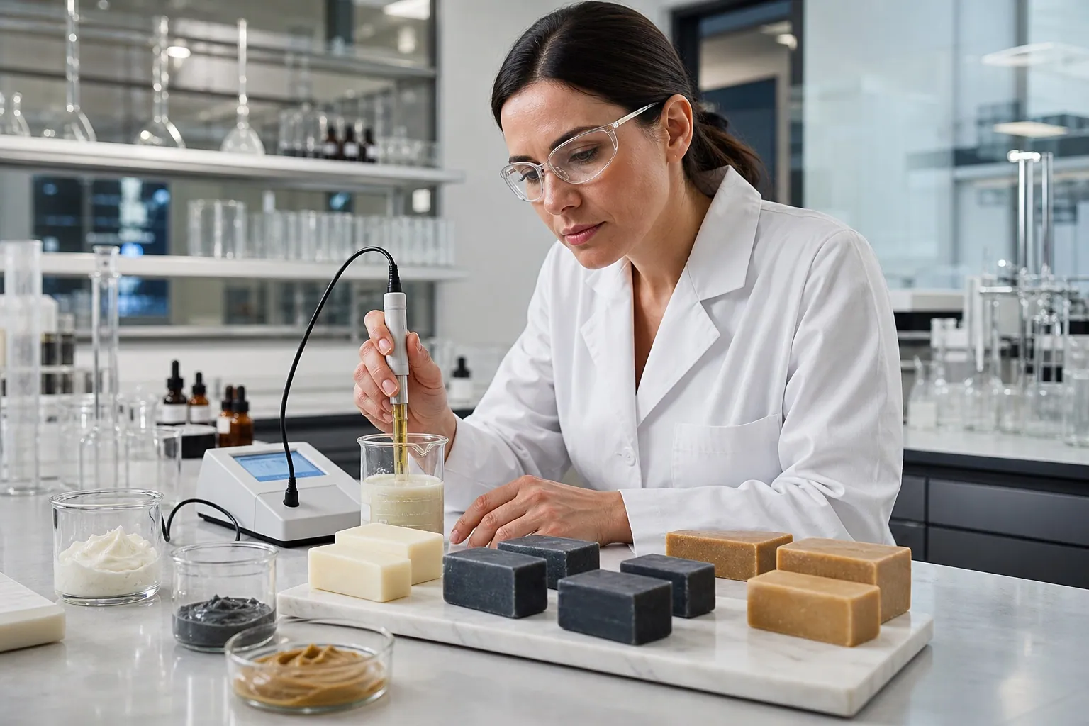 Cosmetic scientist measuring the pH of facial cleansing bar samples