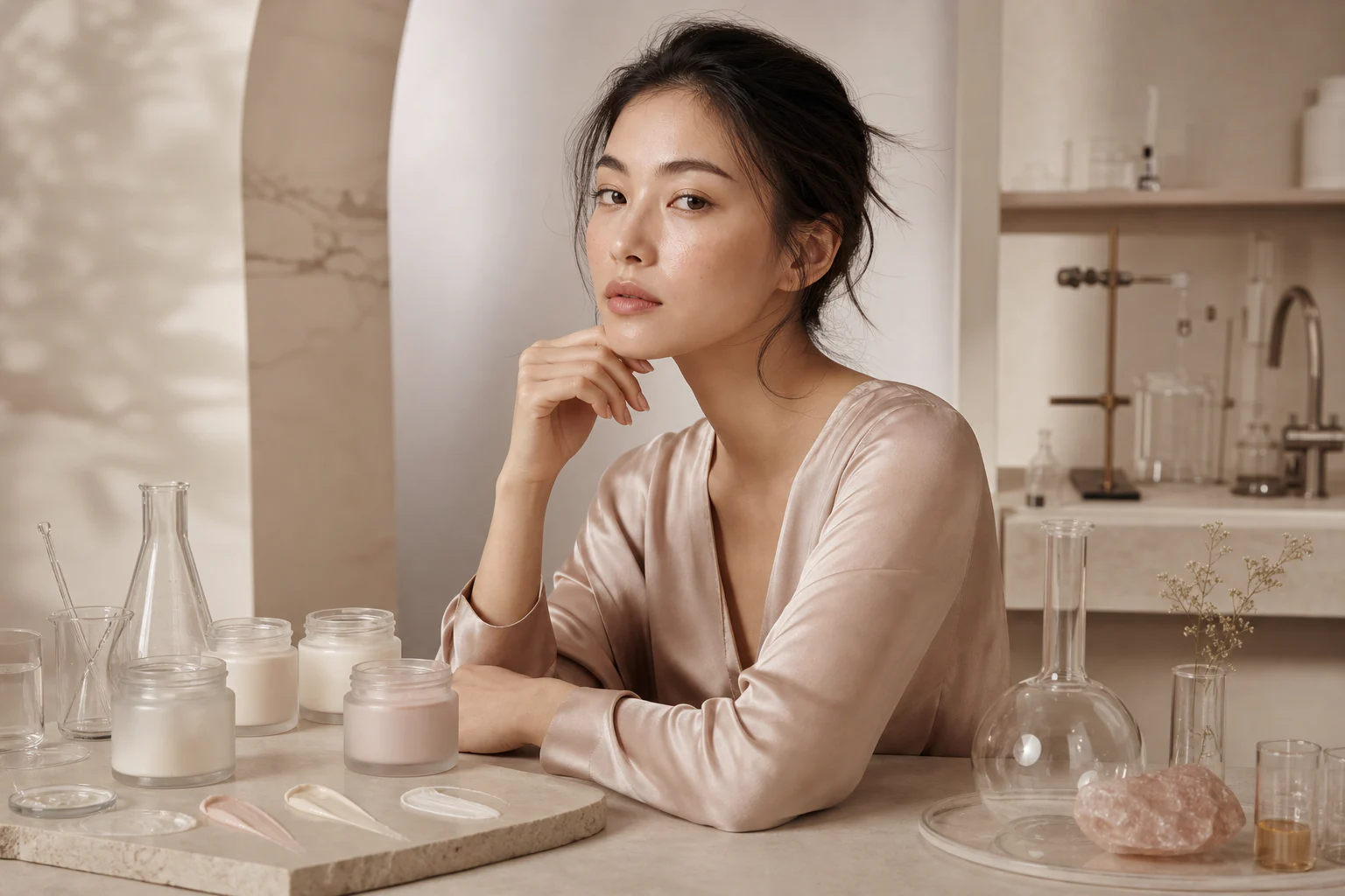 Editorial beauty model with cosmetic formulation samples