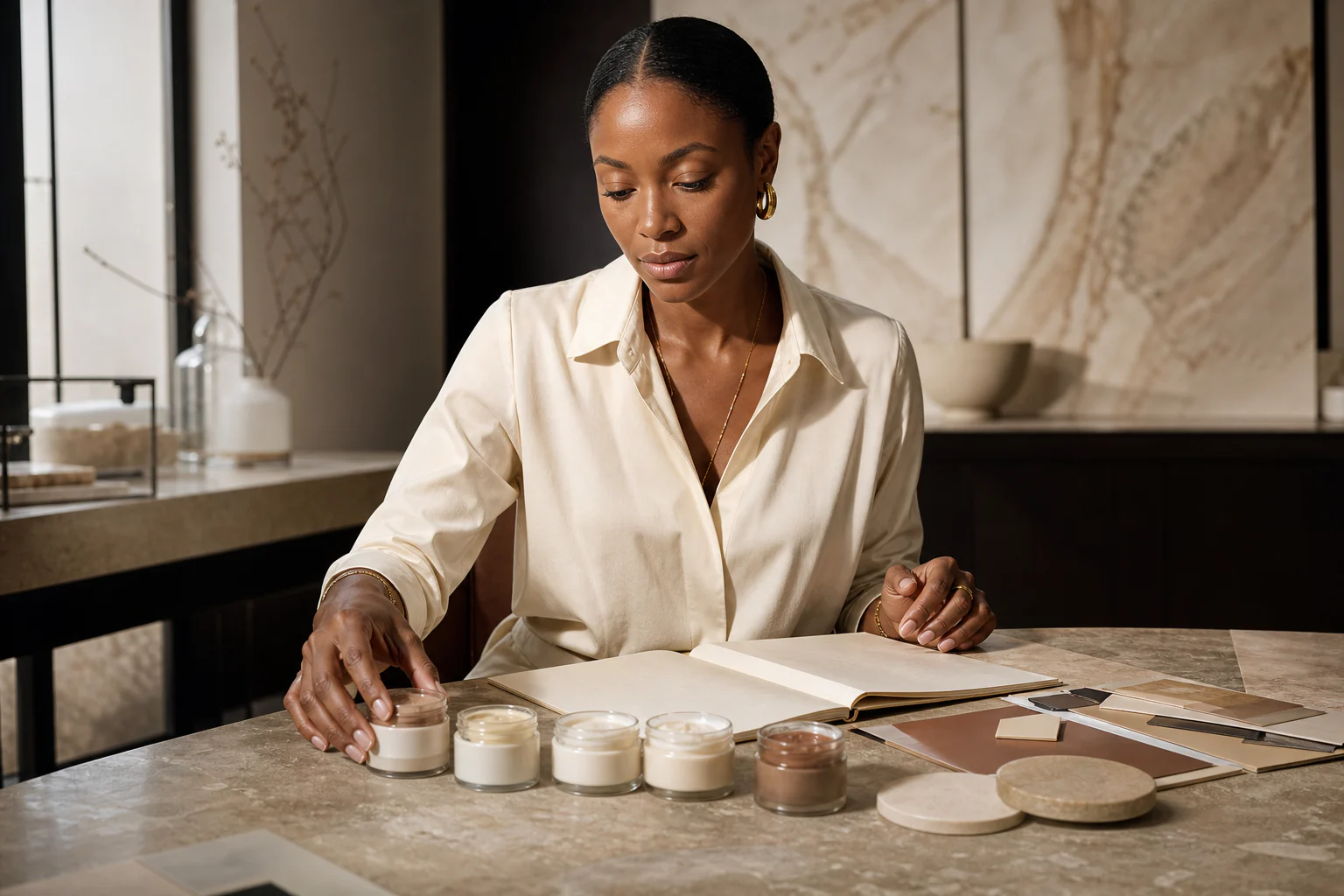 Beauty product founder reviewing an unbranded cosmetic formulation brief in an editorial studio