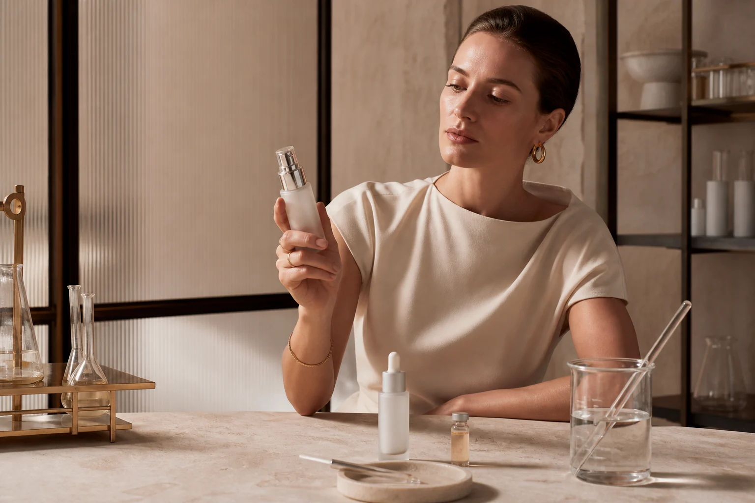 Fashion editorial skincare model beside unbranded airless pumps and serum packaging samples