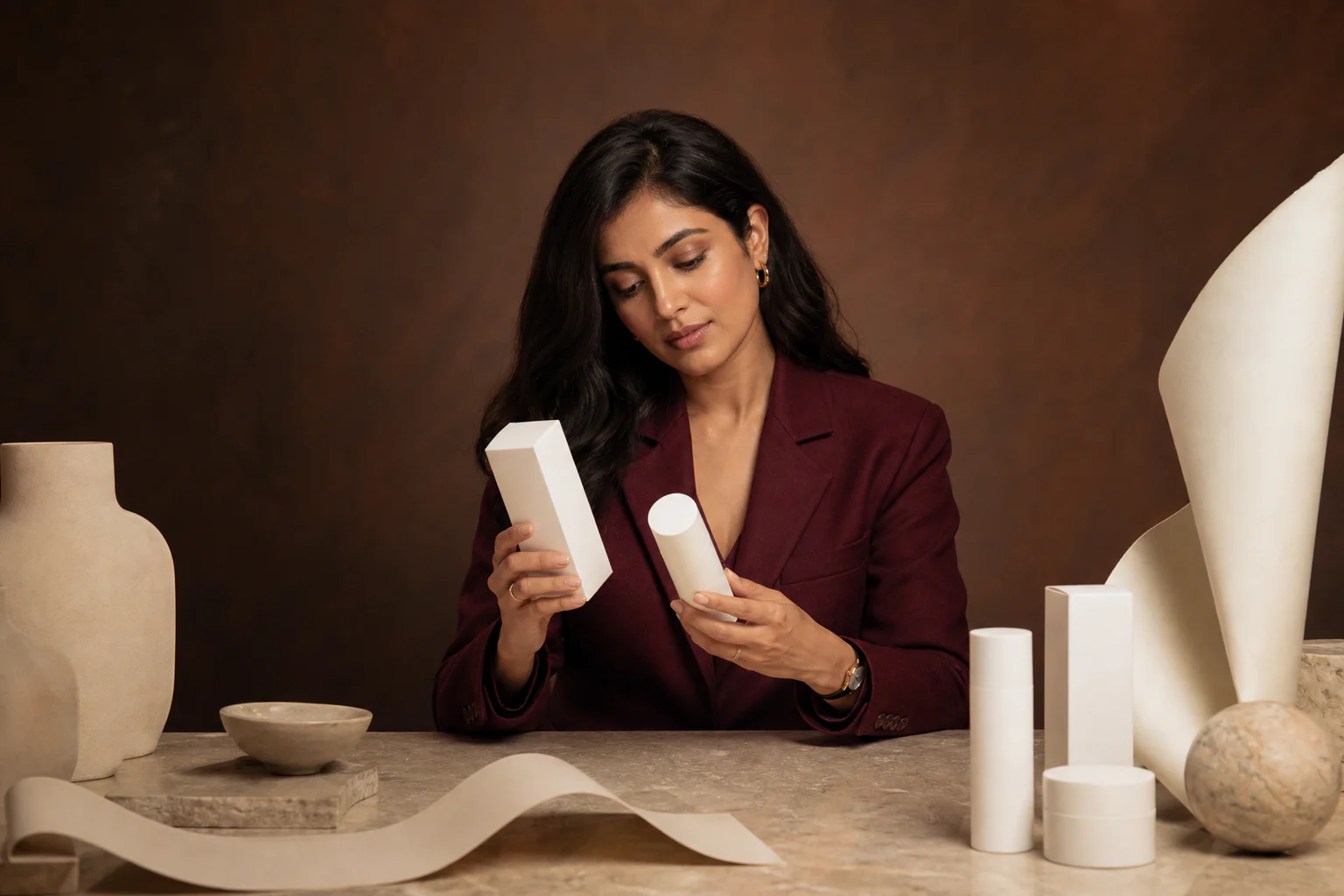 Luxury skincare model beside cosmetic carton dielines and unbranded label proofs