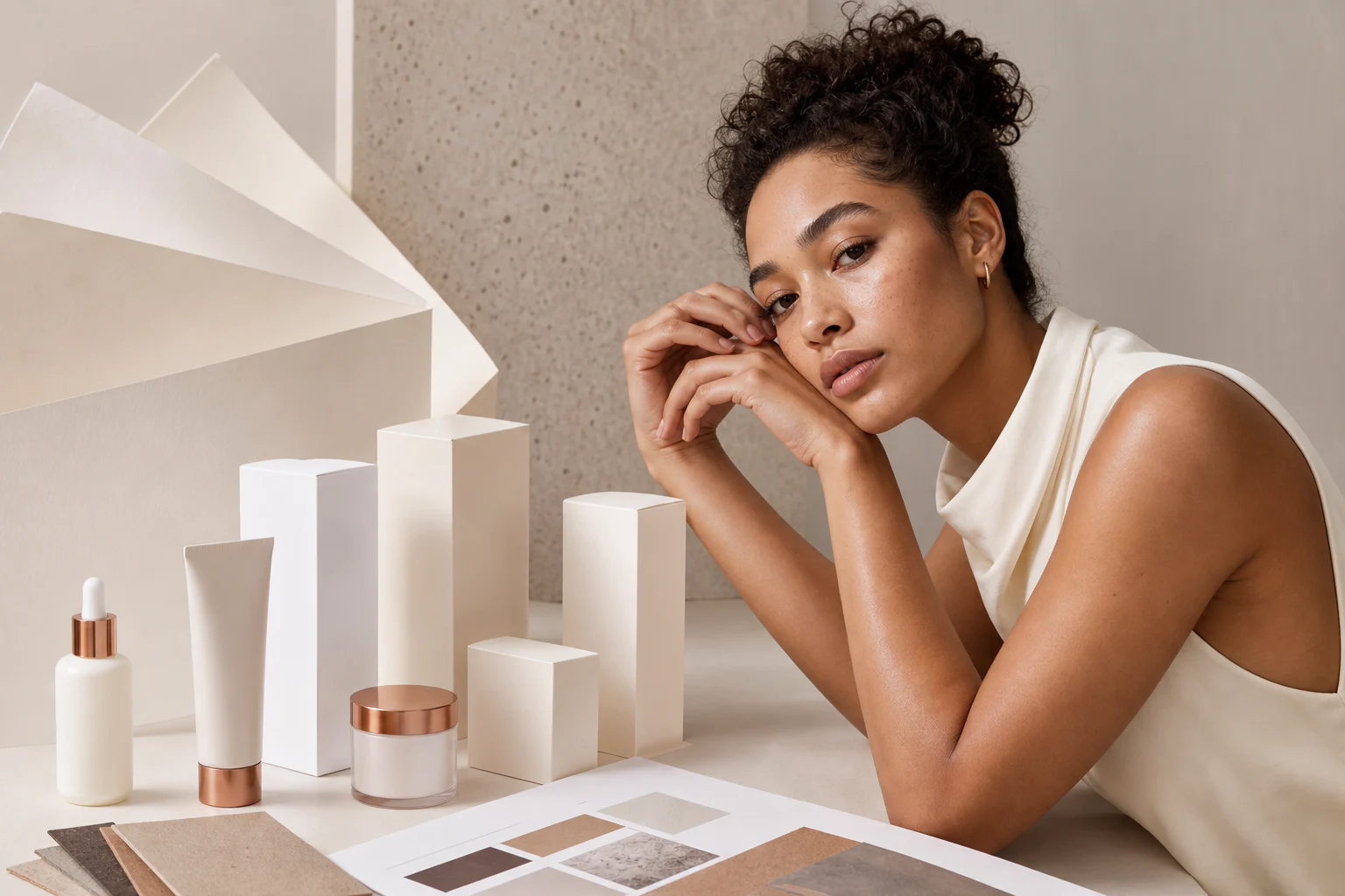 High-fashion beauty model with cosmetic label proofs