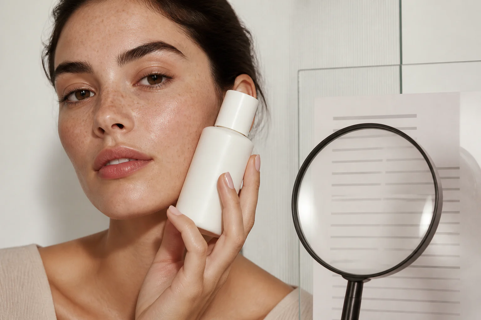 Fashion magazine beauty portrait with a close cosmetic ingredient-list proof