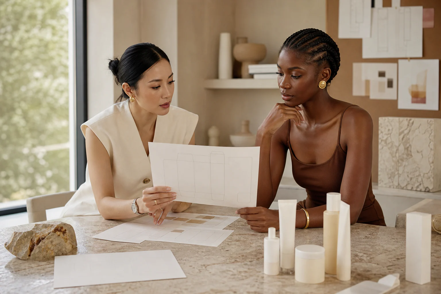Editorial beauty founder and model reviewing a multi-market cosmetic label brief