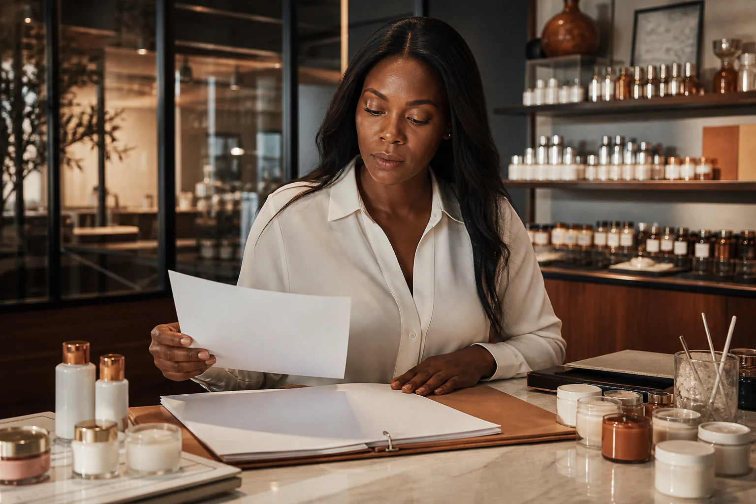 Editorial skincare model observing quality staff reviewing cosmetic batch records