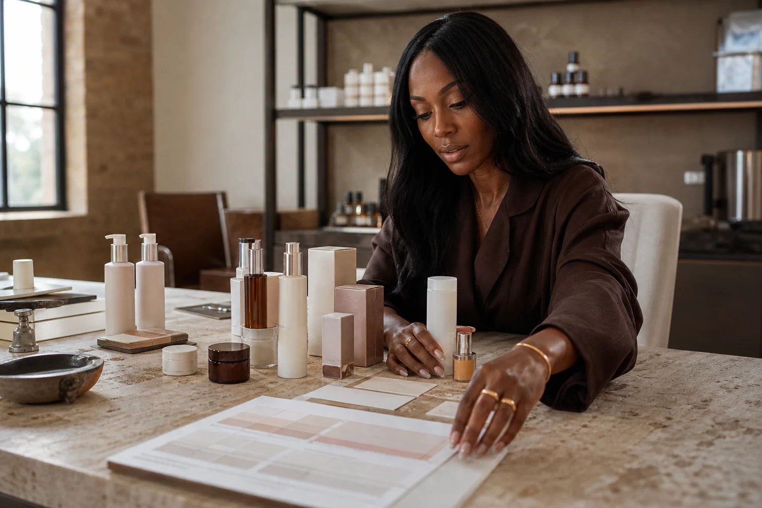 Fashion editorial model reviewing unbranded cosmetic components and a production schedule