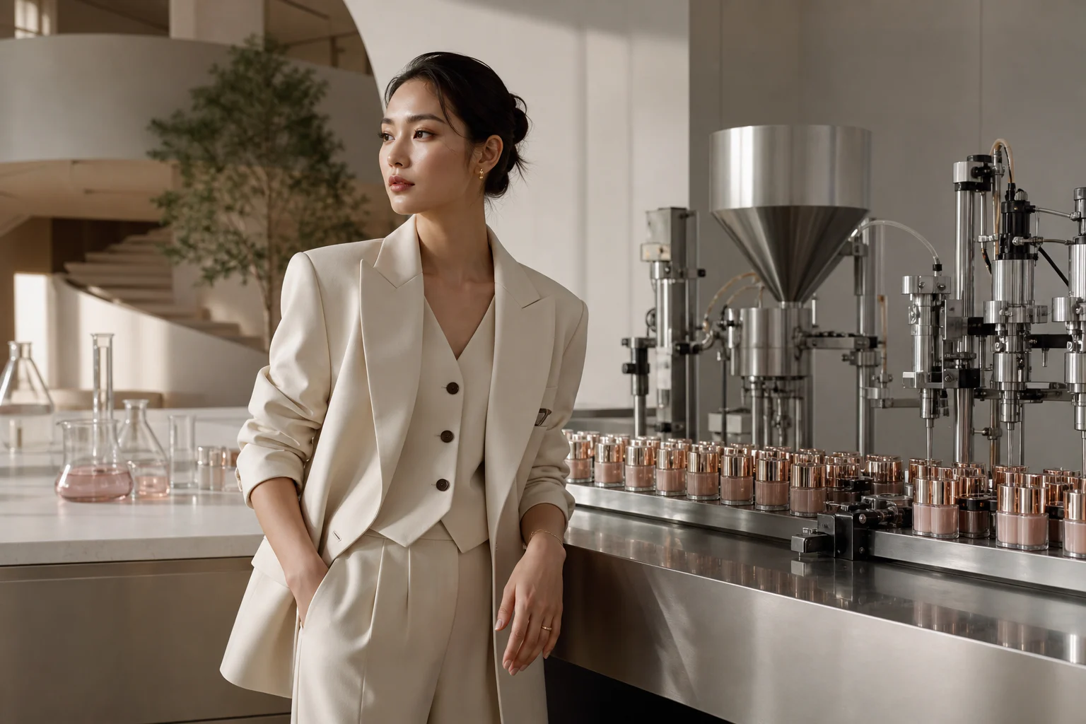 Editorial model in a cosmetic manufacturing environment