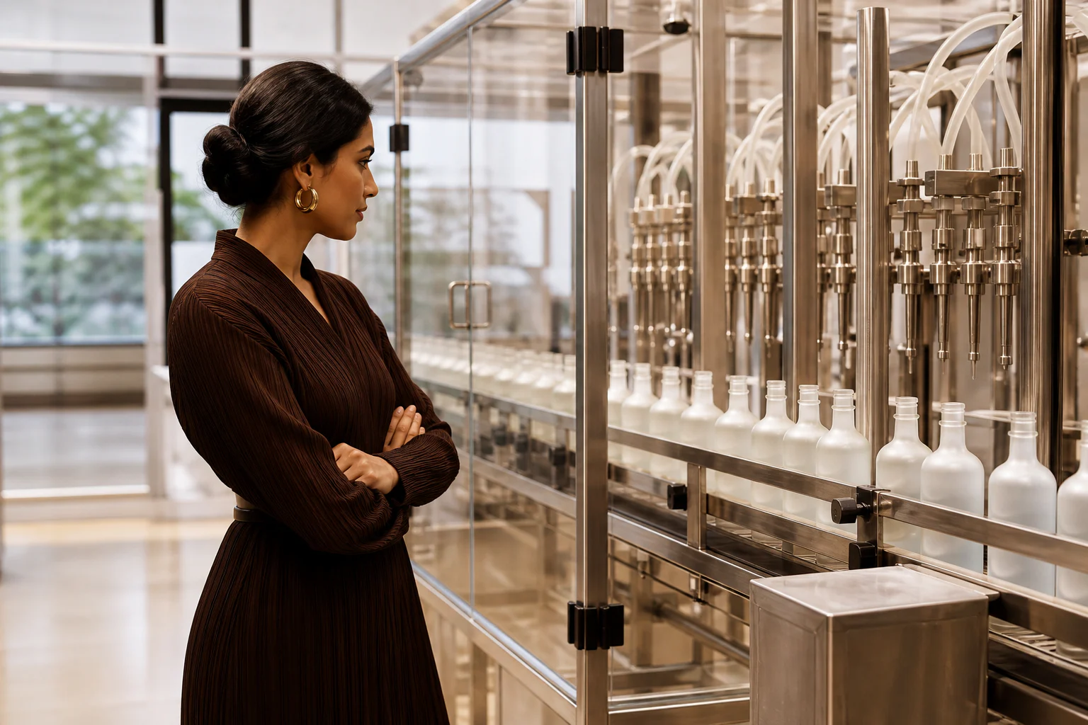High-fashion beauty model beside a clean unbranded cosmetic filling line