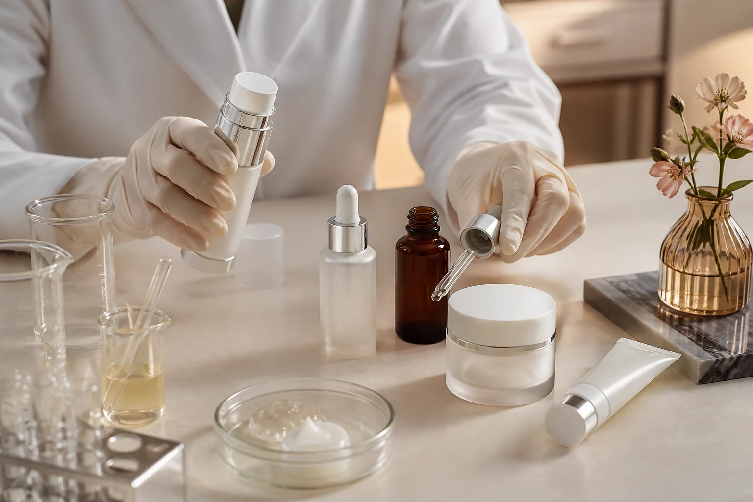 Skincare formula and unbranded packaging components being reviewed for compatibility