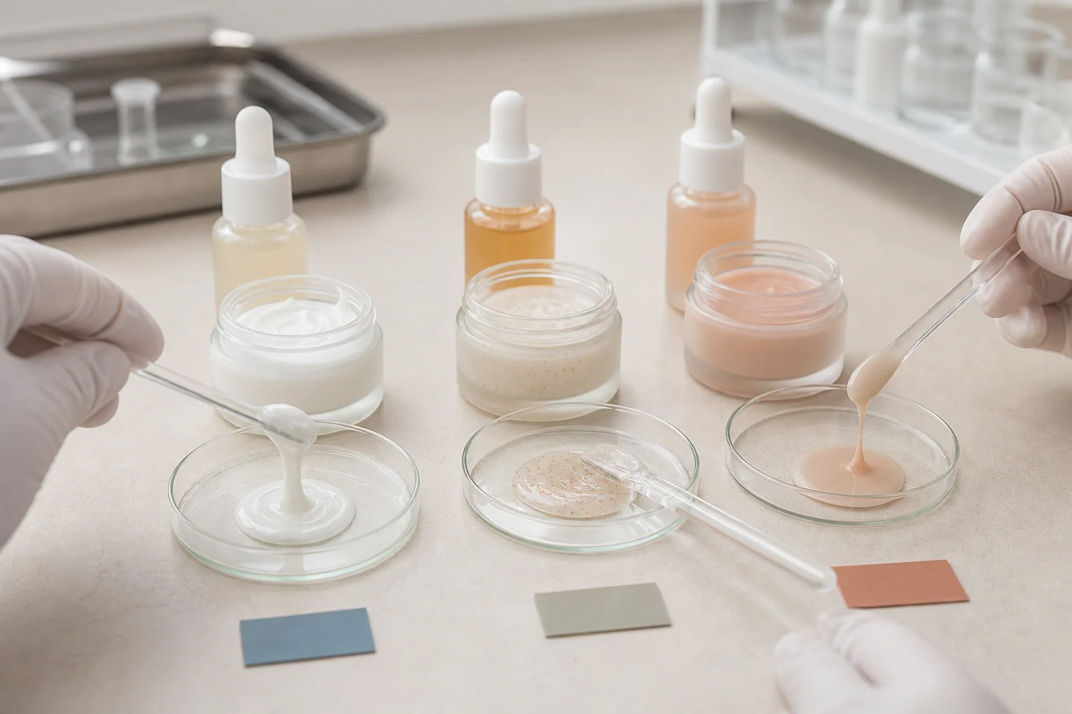 Cosmetic formulation samples being compared for texture, colour and consistency