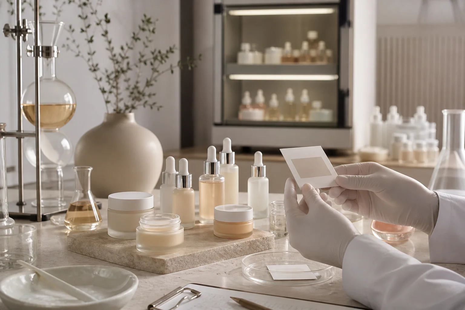 Cosmetic stability testing samples in a premium formulation laboratory