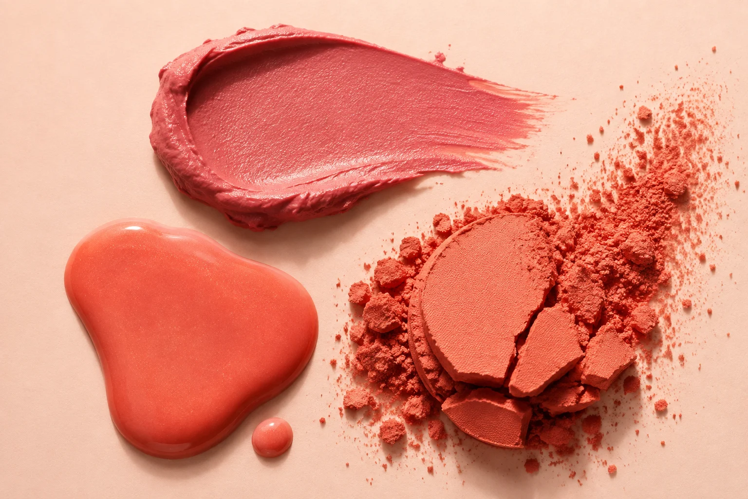 Creamy rose blush, coral liquid blush and crushed powder textures