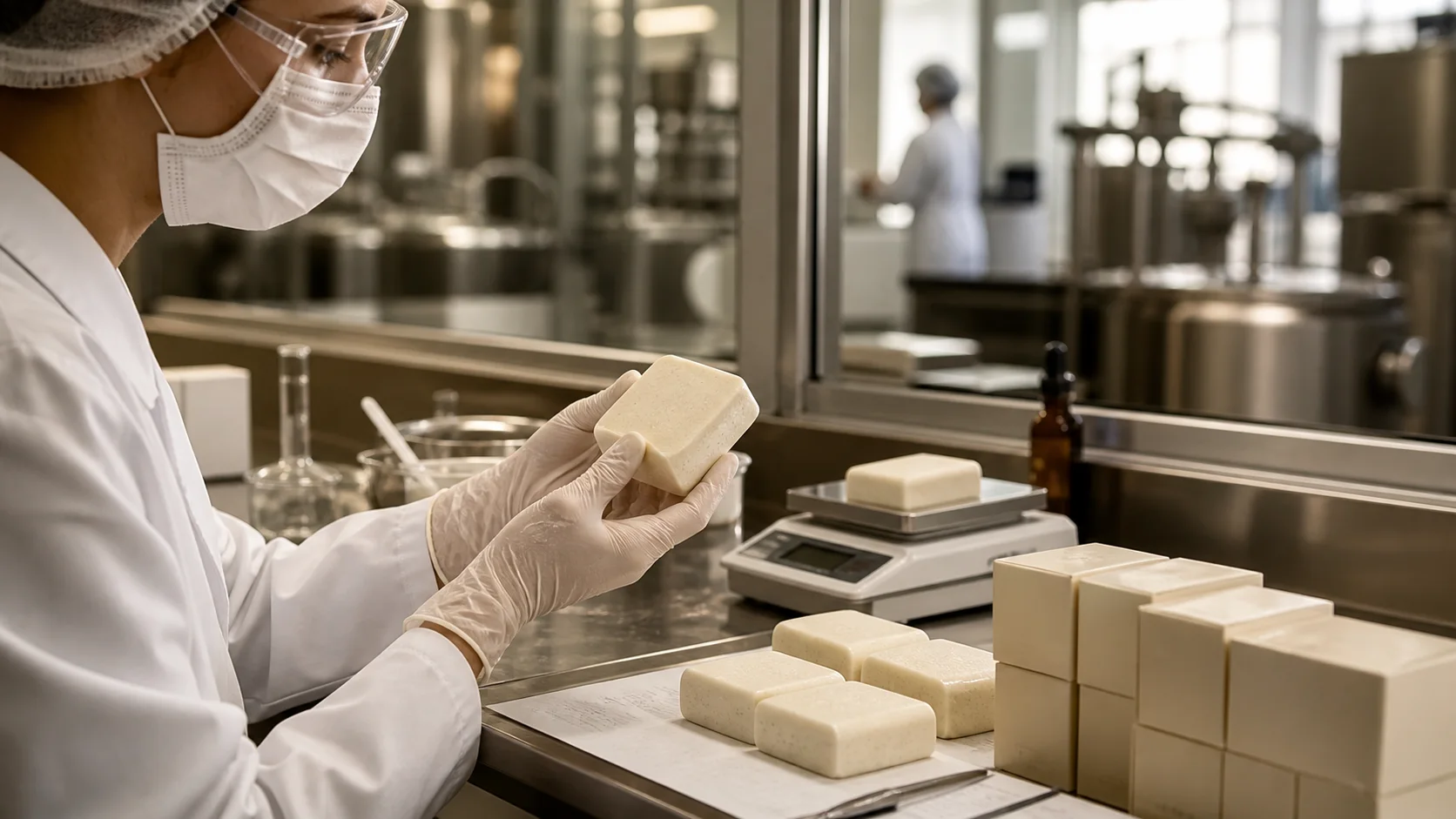 Cosmetic factory specialist inspecting facial cleansing bars