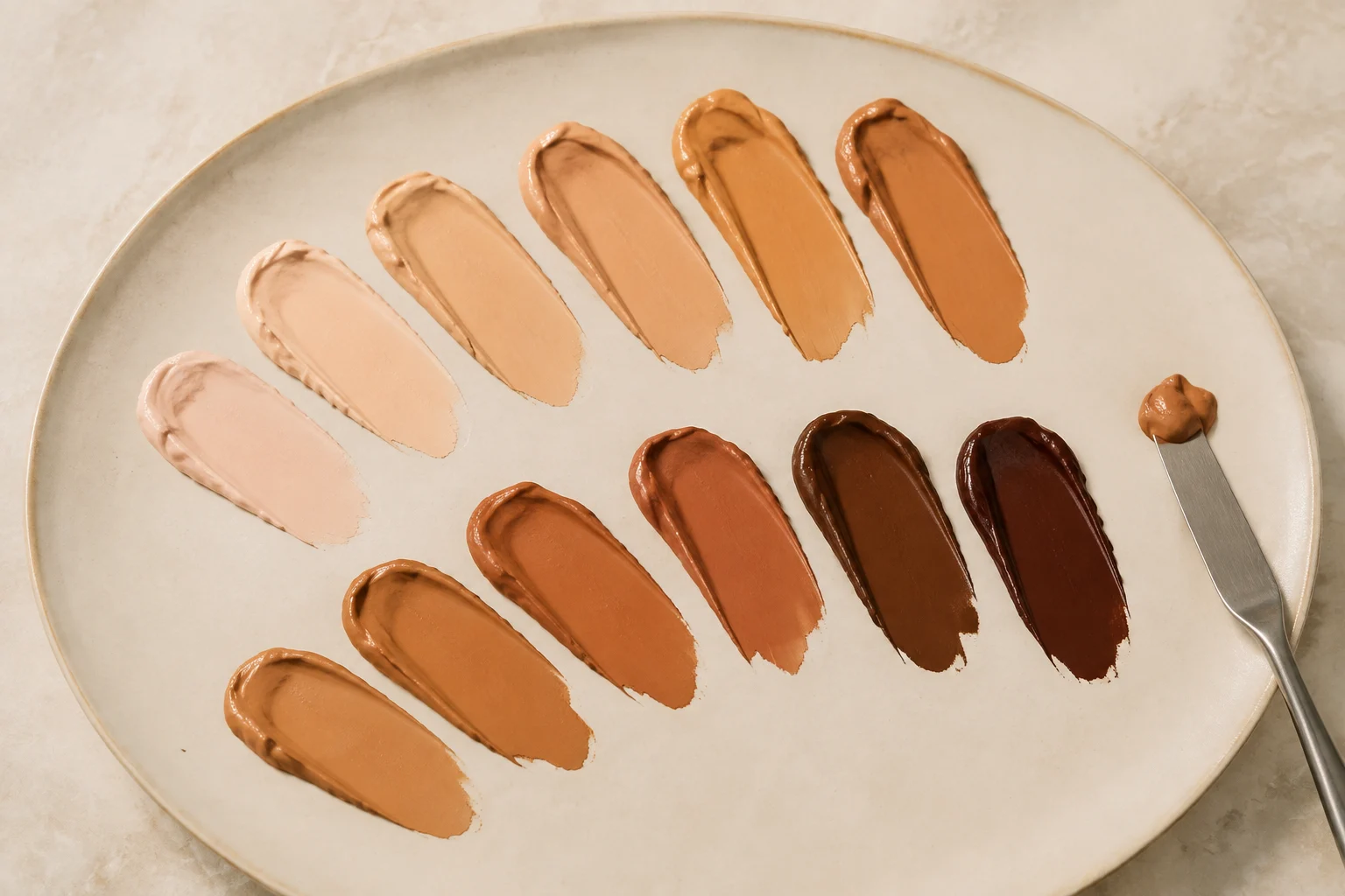 Light-to-deep foundation swatches on an ivory mixing palette
