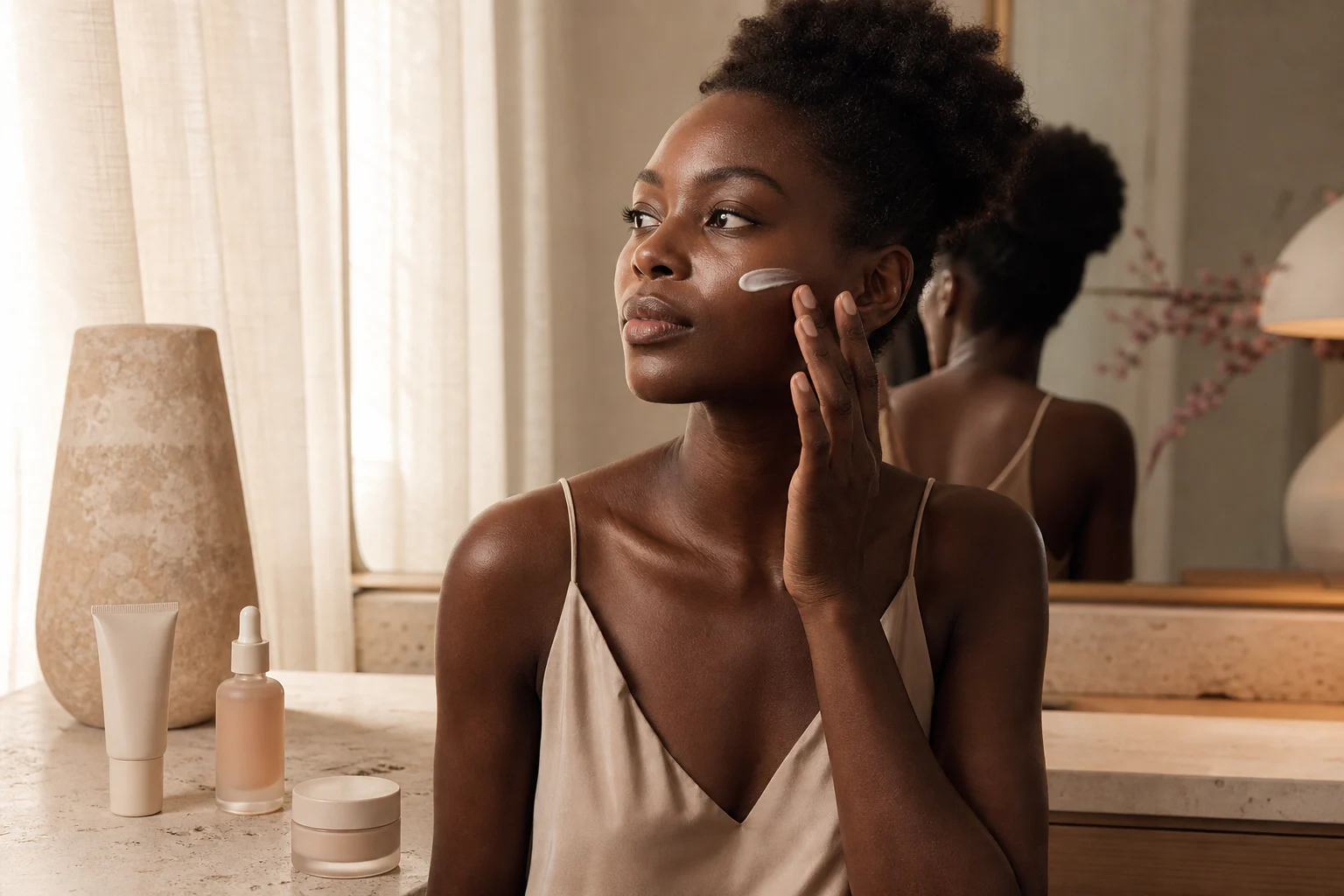 High-fashion skincare model with a minimal three-product unbranded routine
