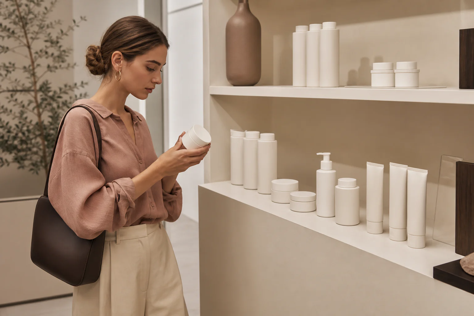 Editorial beauty model reviewing a compact unbranded skincare assortment for retail
