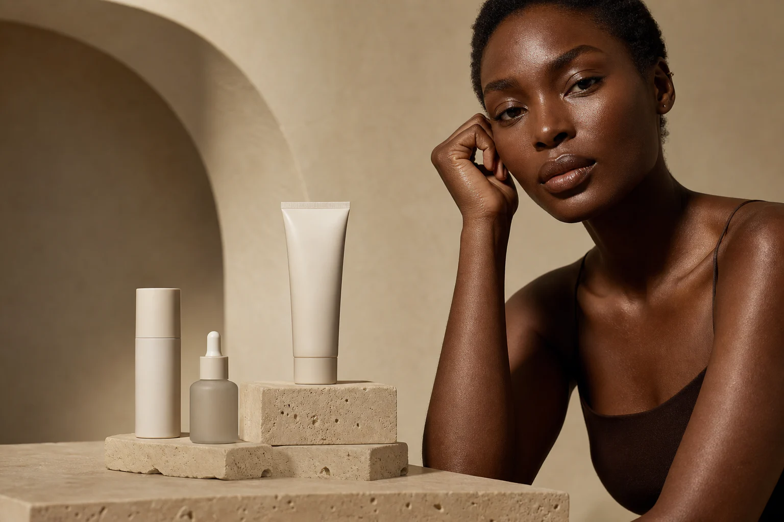 Luxury beauty model with a focused skincare range