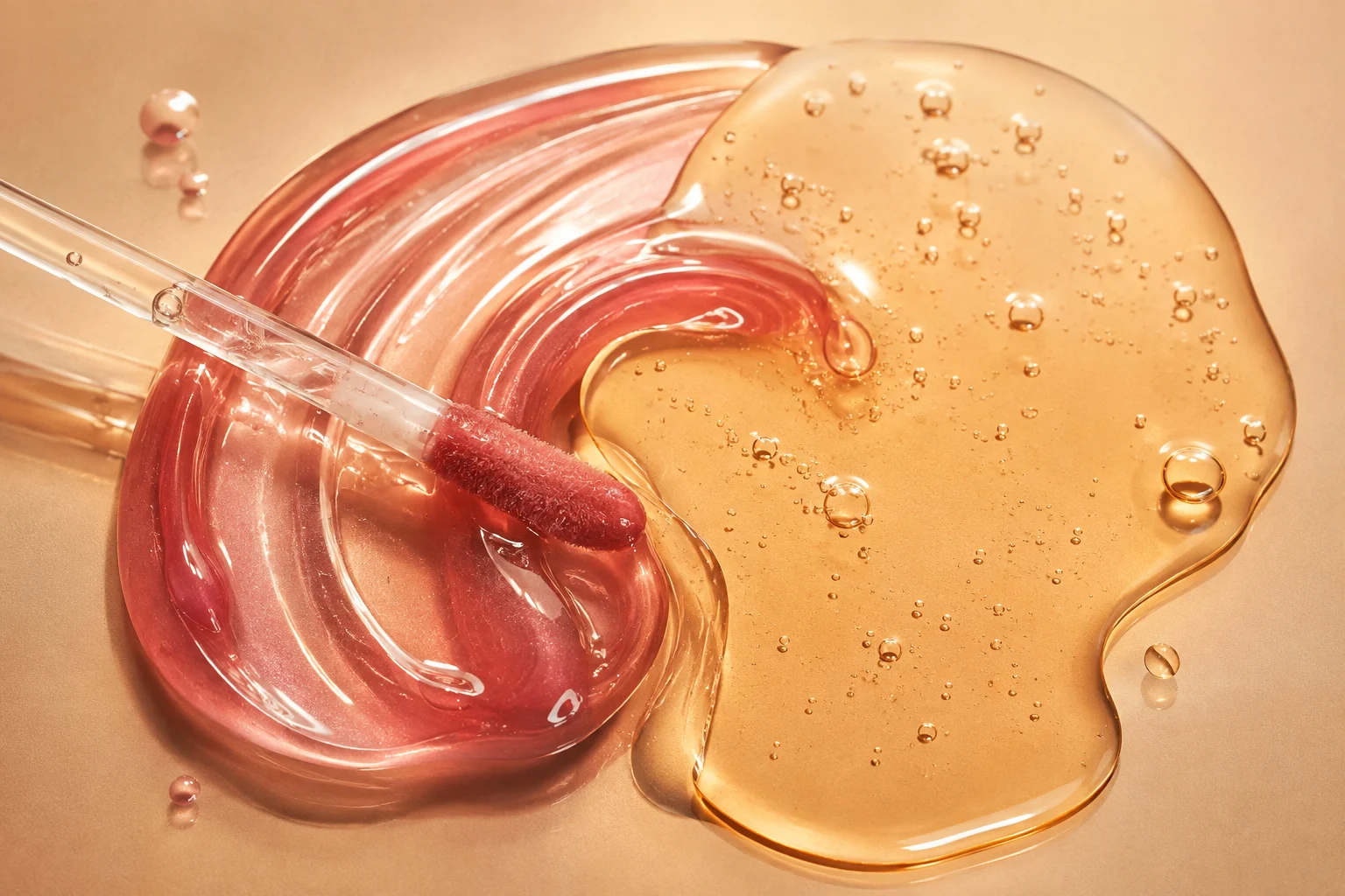 Rose lip gloss and golden lip oil textures with a doe-foot applicator
