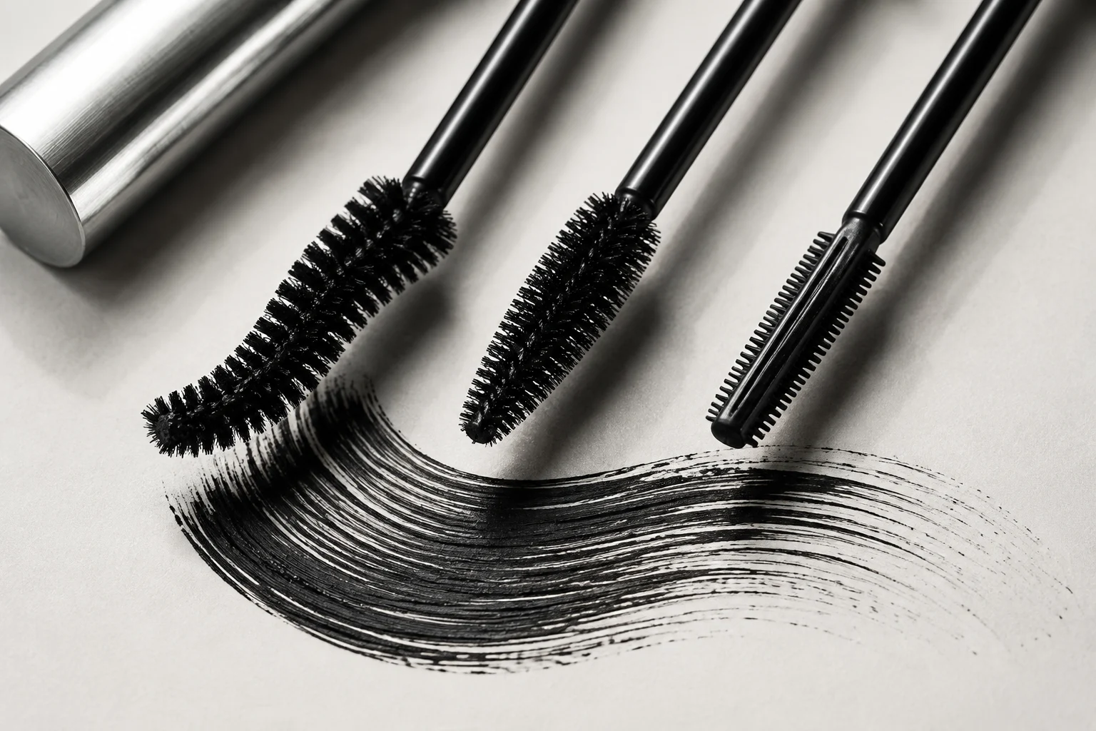 Three different mascara brush shapes above a sweeping black pigment stroke