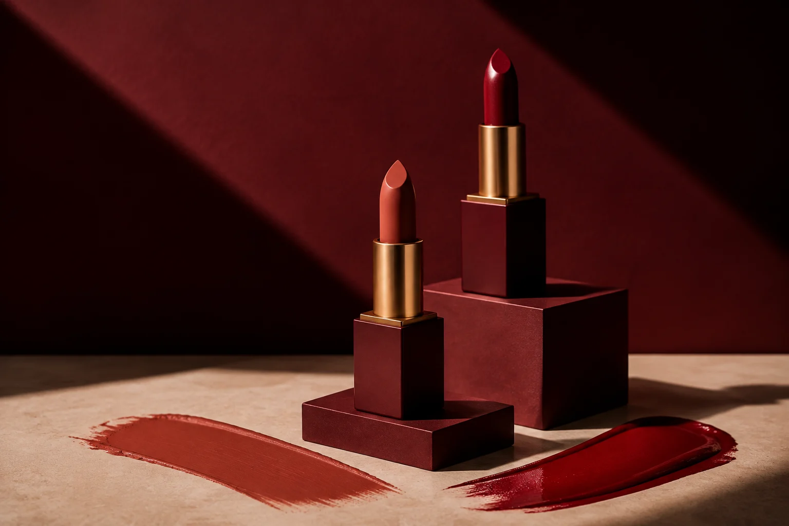 Terracotta matte and cherry satin lipsticks on burgundy plinths
