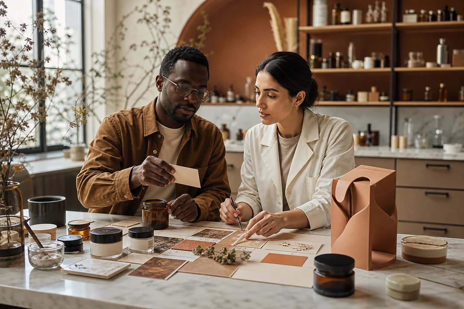 Creative director and cosmetic scientist developing a skincare concept with samples and material swatches