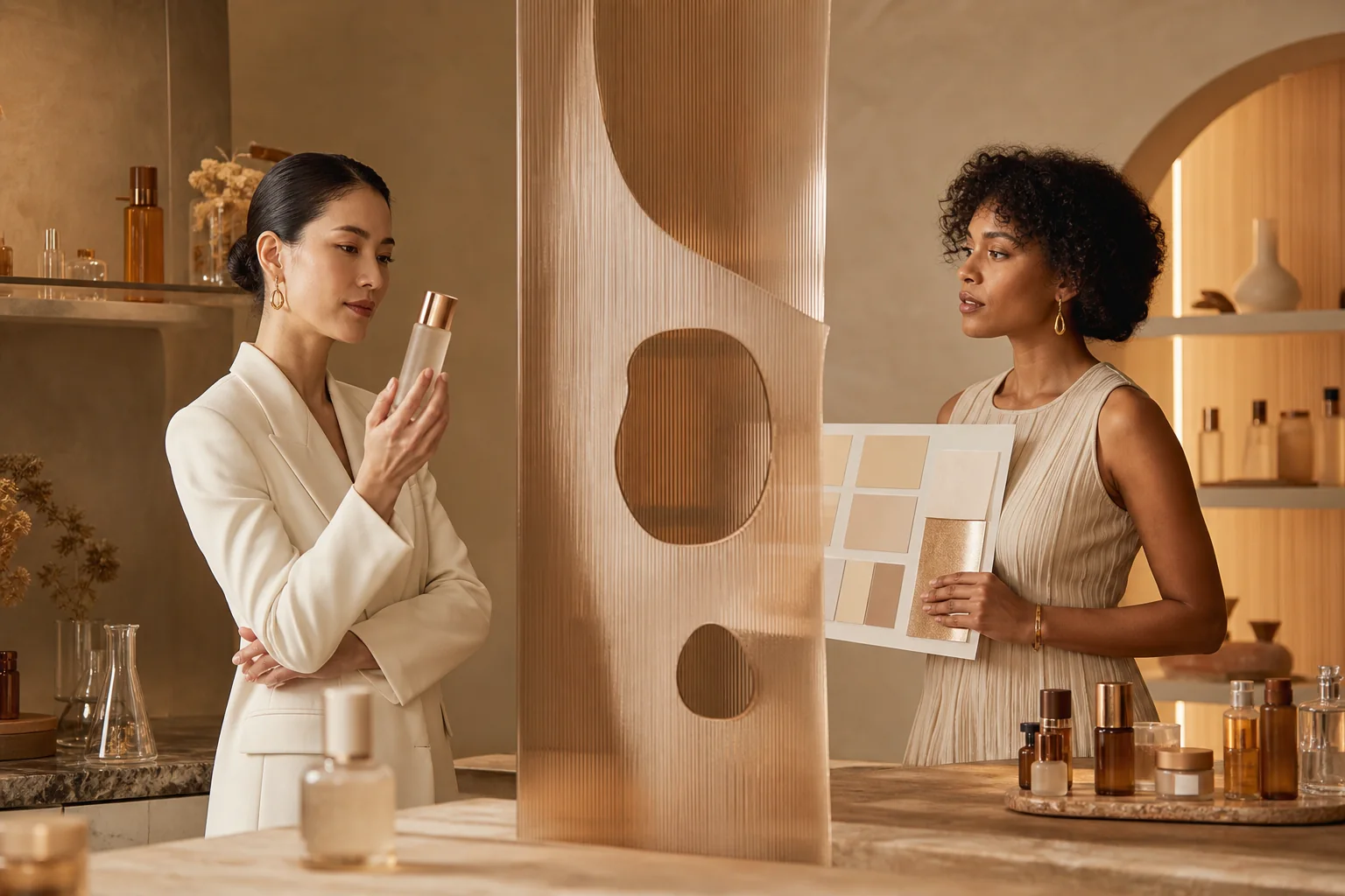 Two beauty founders separated by a translucent partition with benchmark product and concept swatches