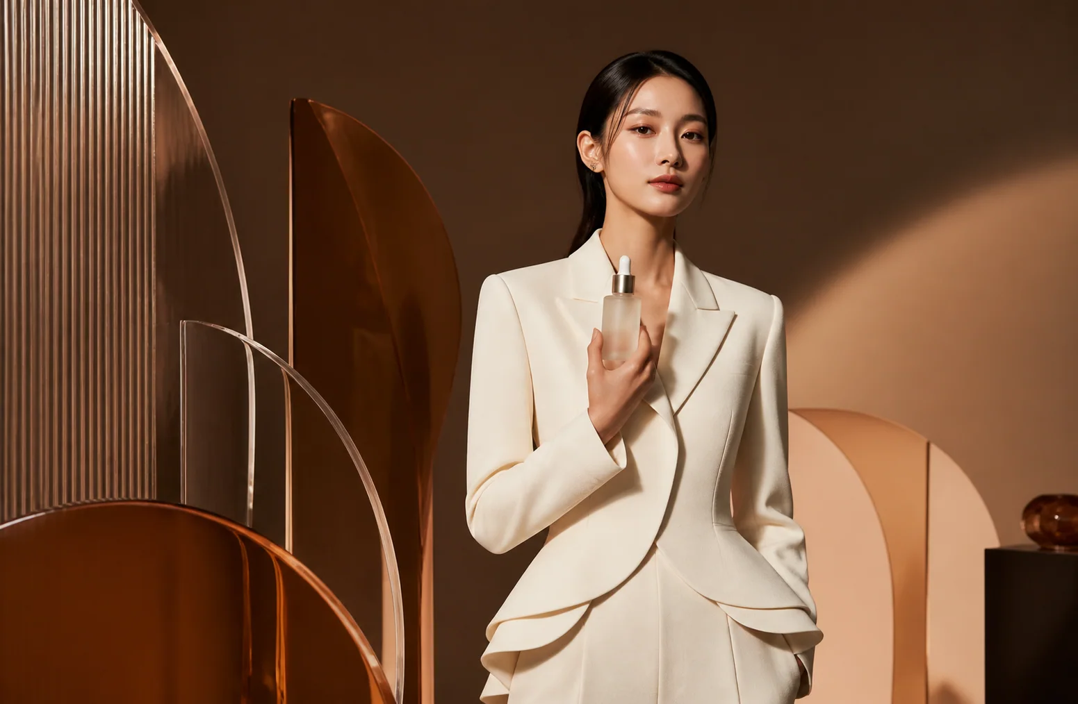 Editorial beauty model beside sculptural translucent forms