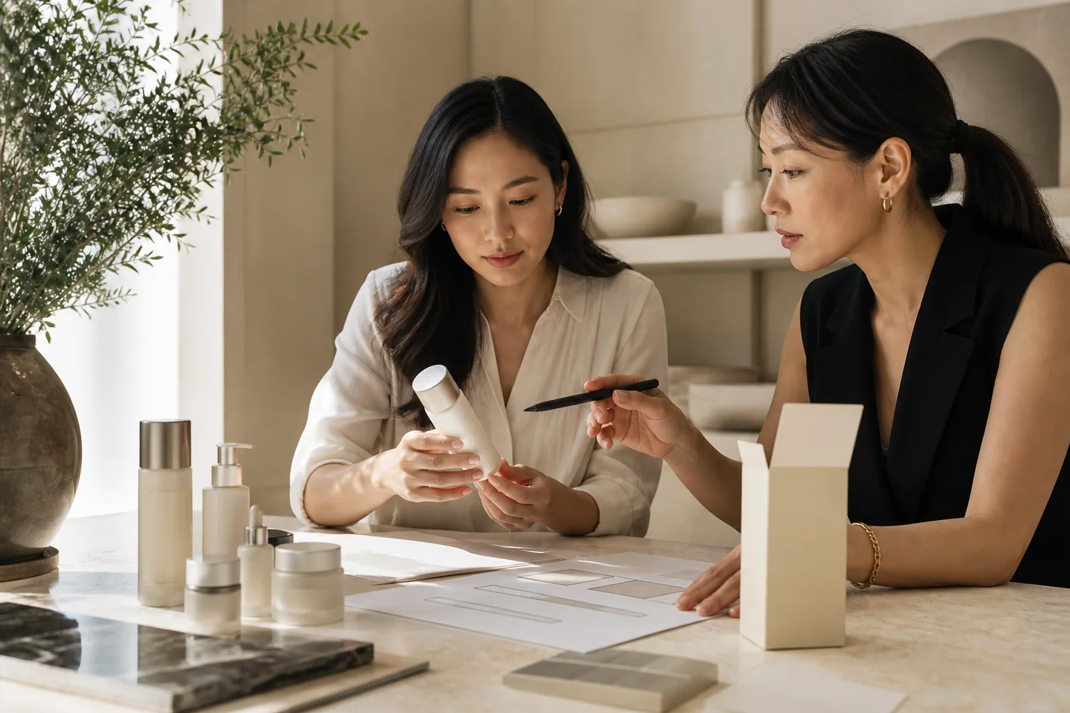 Beauty founder and packaging specialist reviewing unbranded skincare samples and artwork proofs