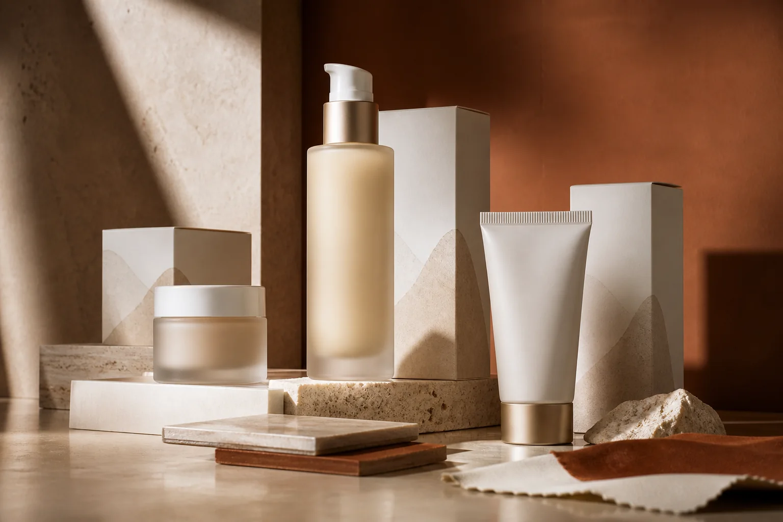 Unbranded serum, moisturiser and cleanser arranged as a coherent skincare family