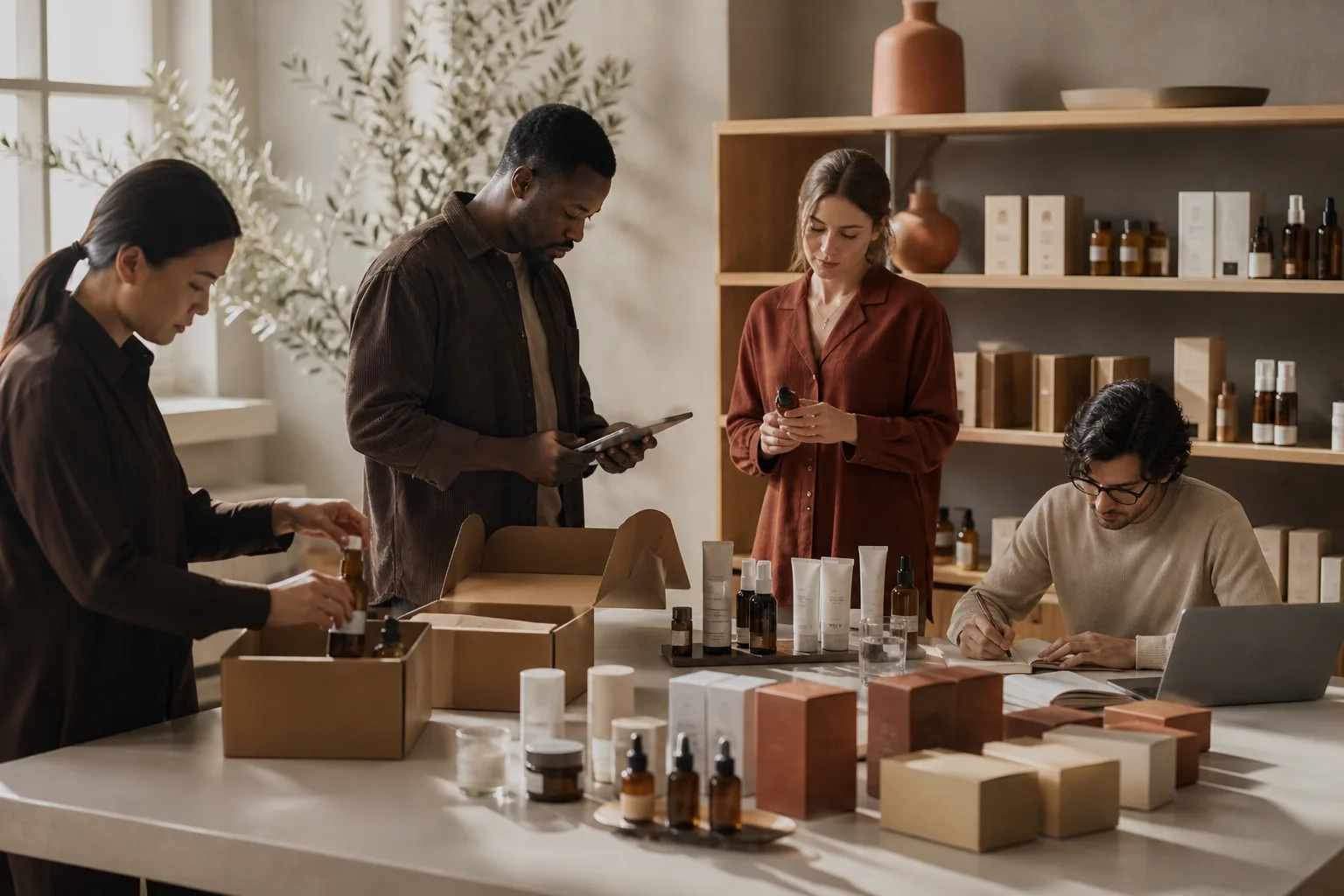 Diverse beauty brand team preparing an unbranded skincare collection for launch and fulfilment