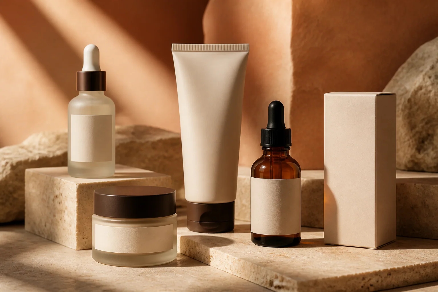 Premium unbranded skincare products arranged on warm stone