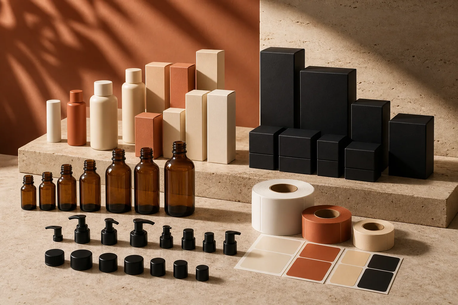Unbranded cosmetic bottles, pumps, closures, labels and cartons arranged by component family