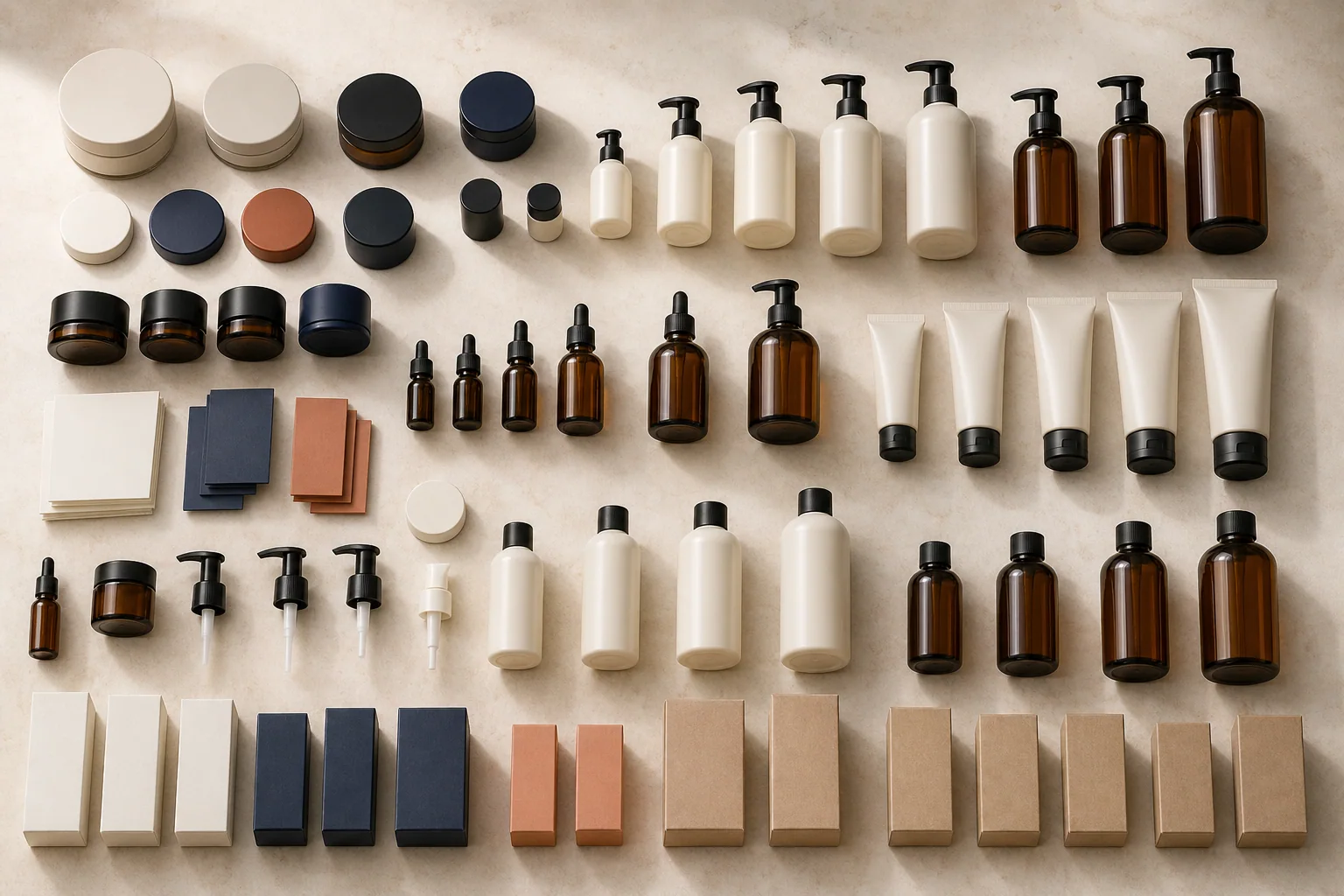 Skincare components arranged in a manufacturing setting