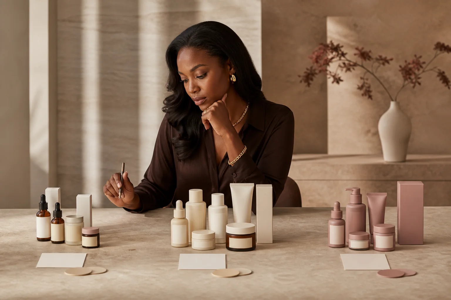 Beauty founder comparing three unbranded skincare assortments for a first order