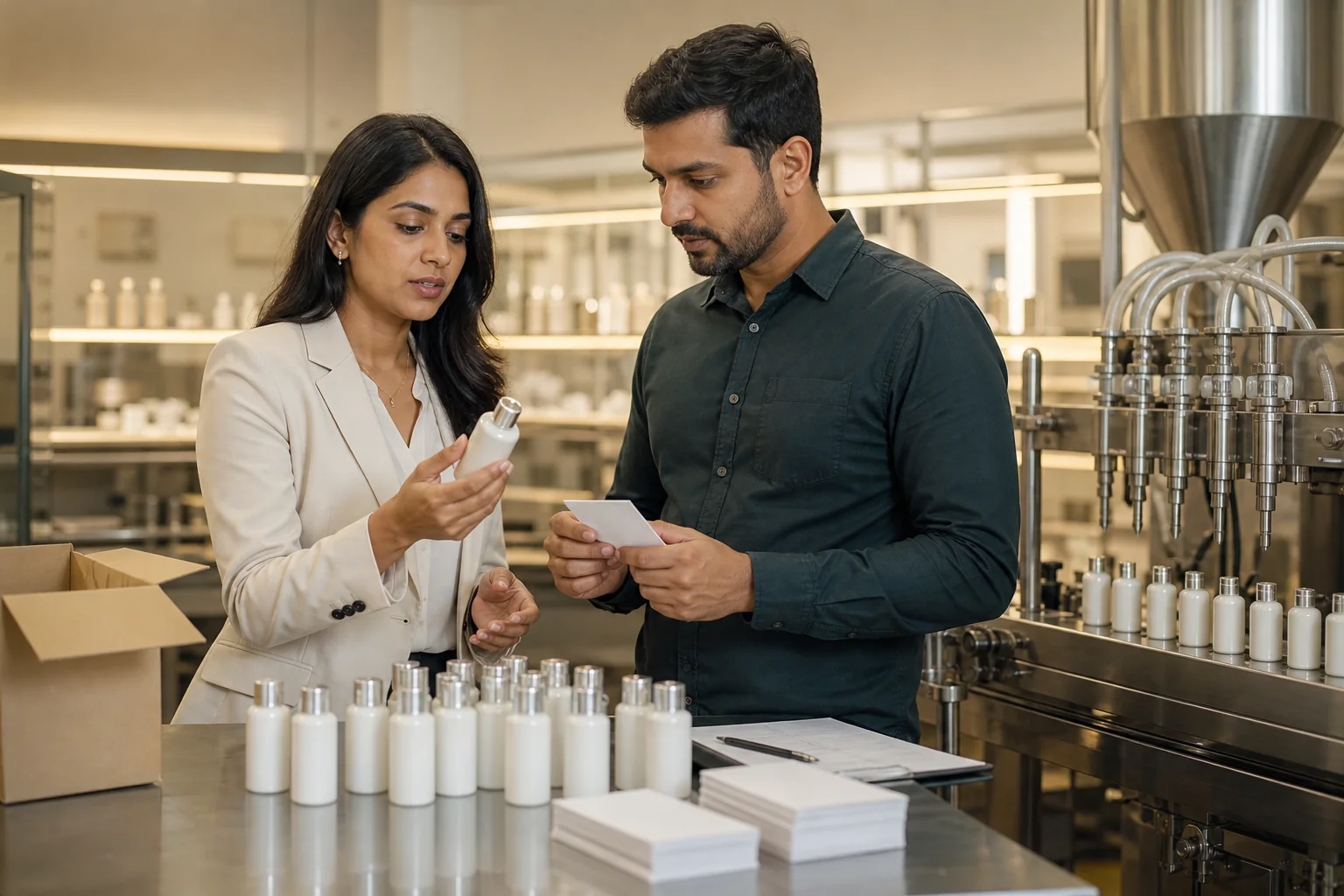 Beauty founder and production planner reviewing a modest run on a cosmetic filling line