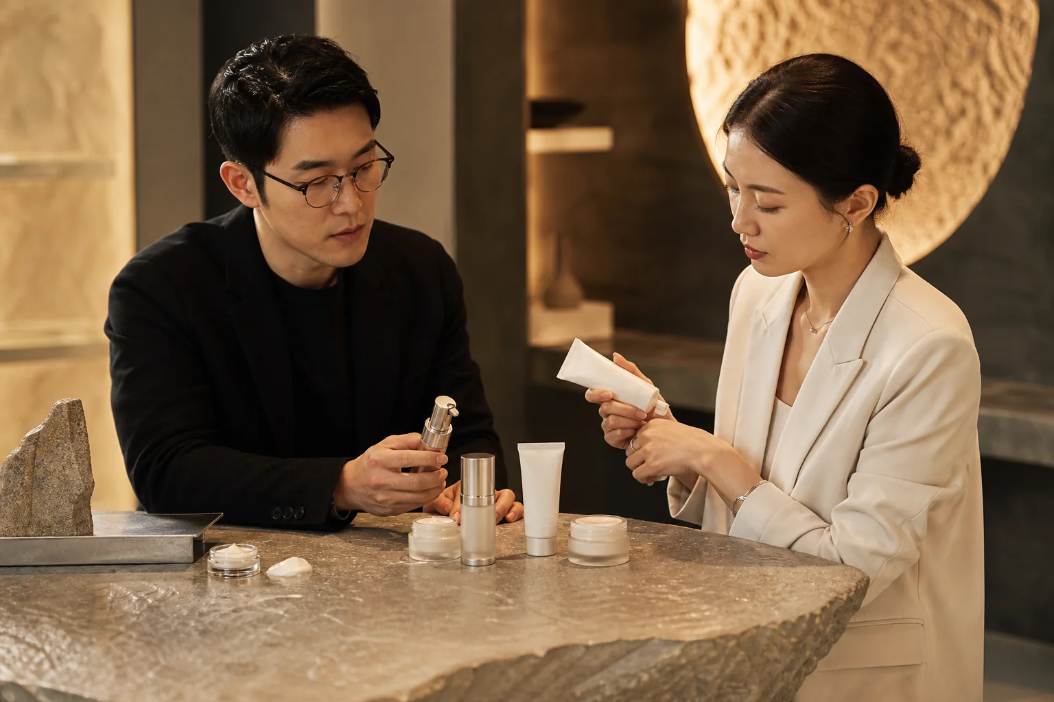 Packaging engineer and beauty founder testing unbranded pump, jar and tube samples
