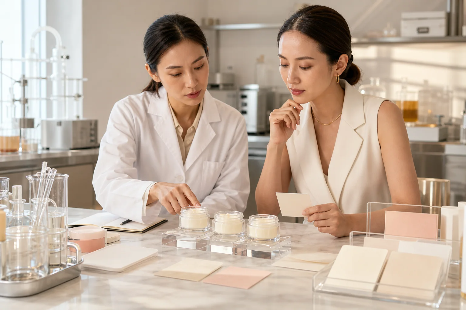 Cosmetic formulator and beauty founder comparing three cream samples with blank version cards