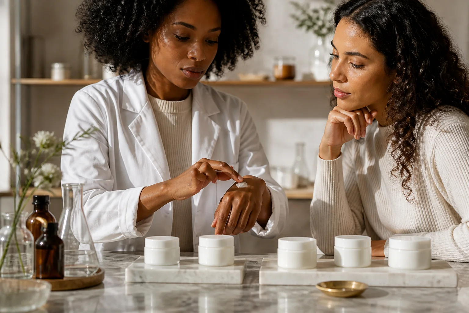 Product developer assessing skincare cream texture on the hand beside sample jars