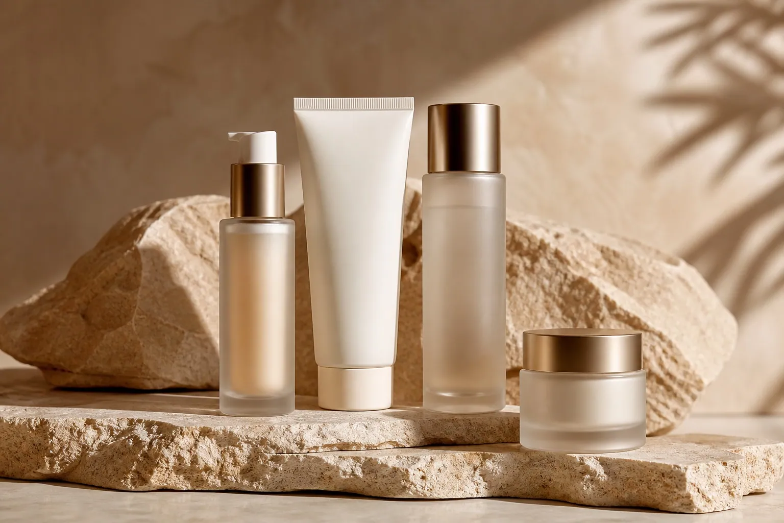 Coordinated unbranded four-step skincare set on blush limestone