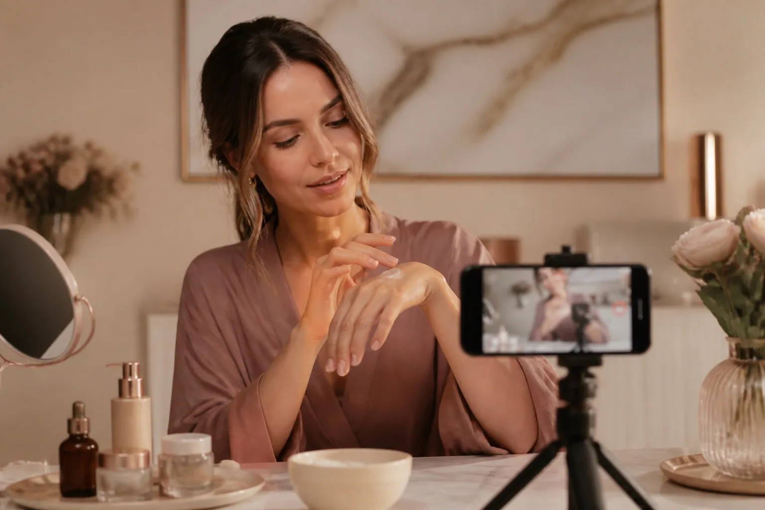 Beauty creator filming an unbranded skincare texture demonstration
