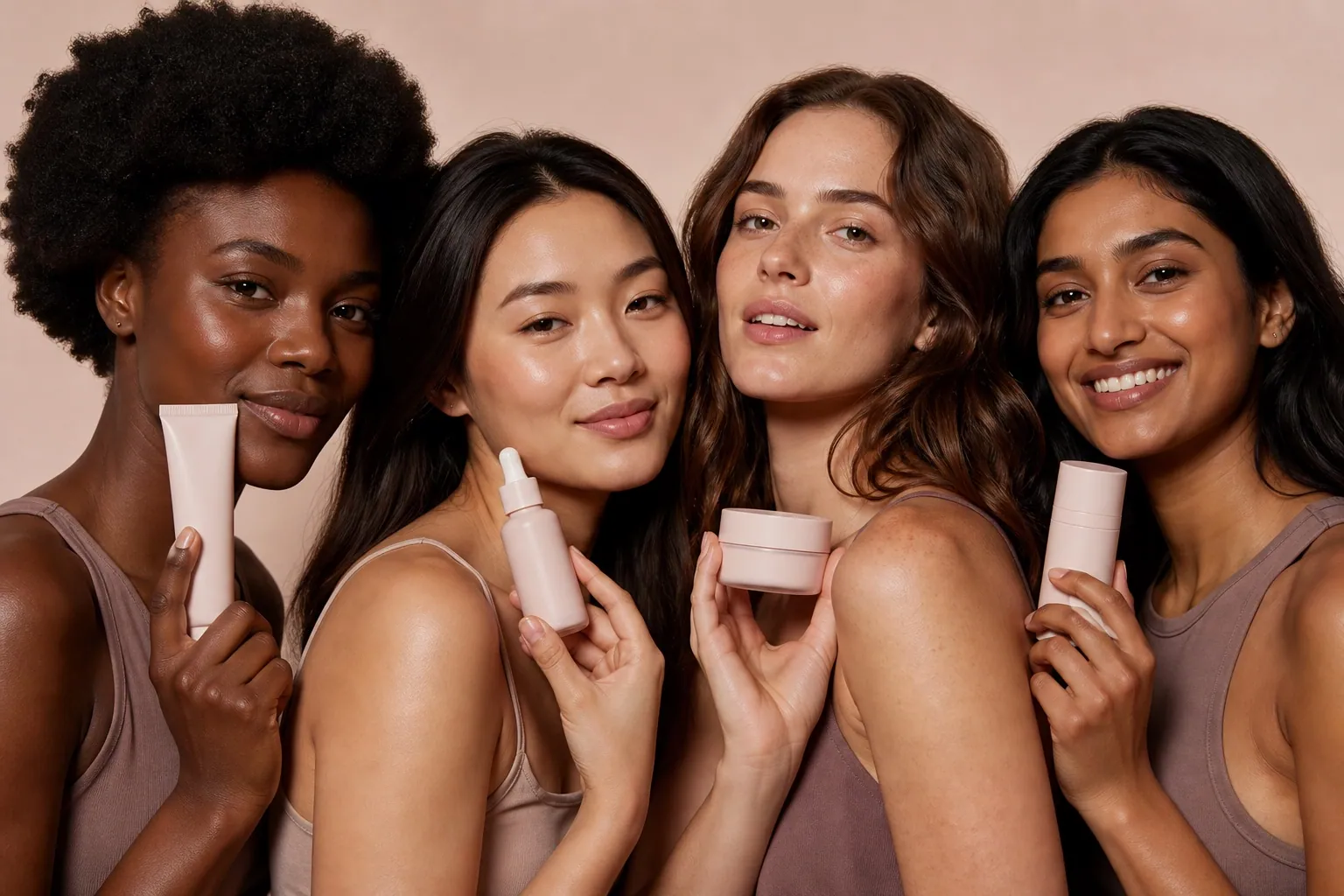 Diverse beauty models holding coordinated unbranded skincare products
