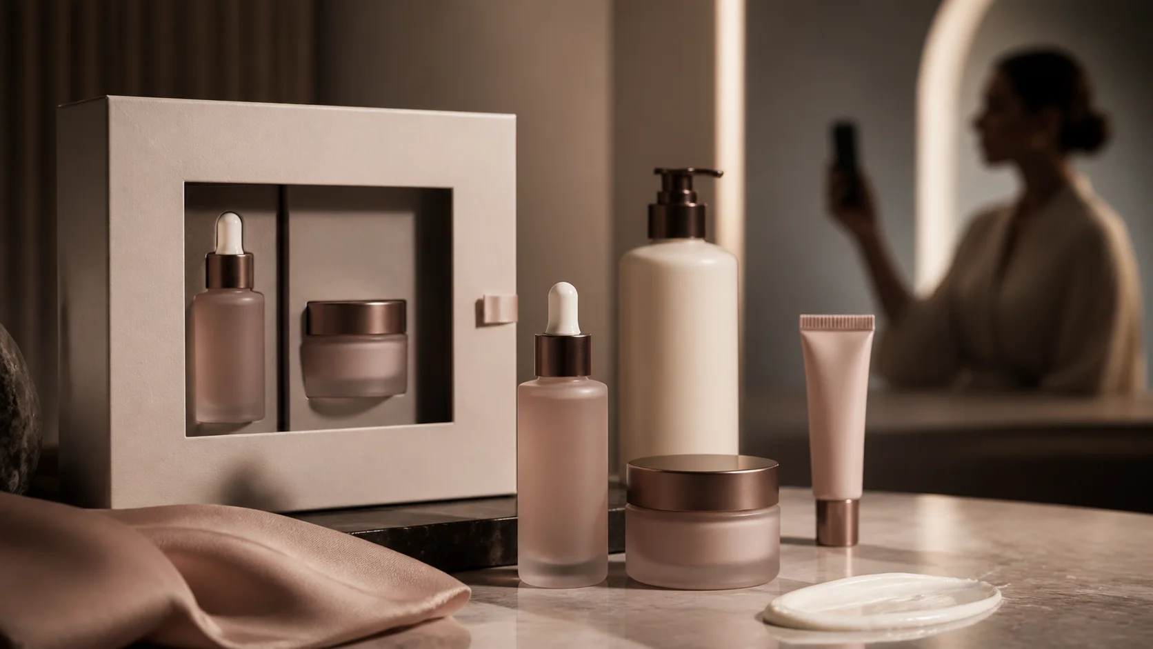 Unbranded skincare set arranged for a luxury social-commerce editorial