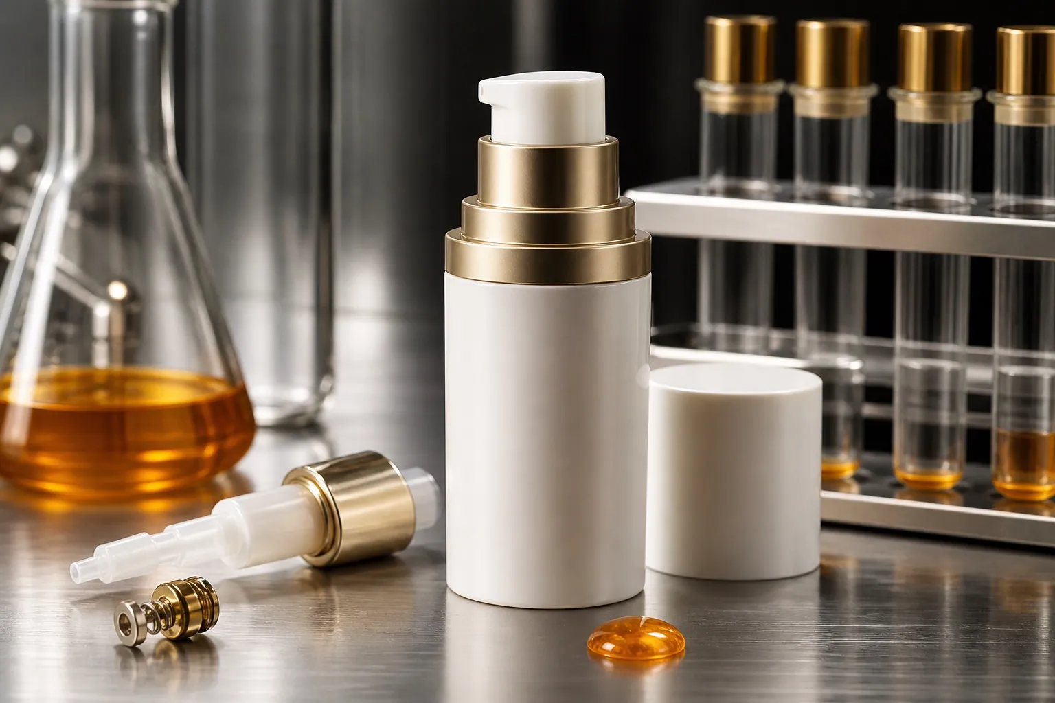 Opaque airless vitamin C serum pump with laboratory samples