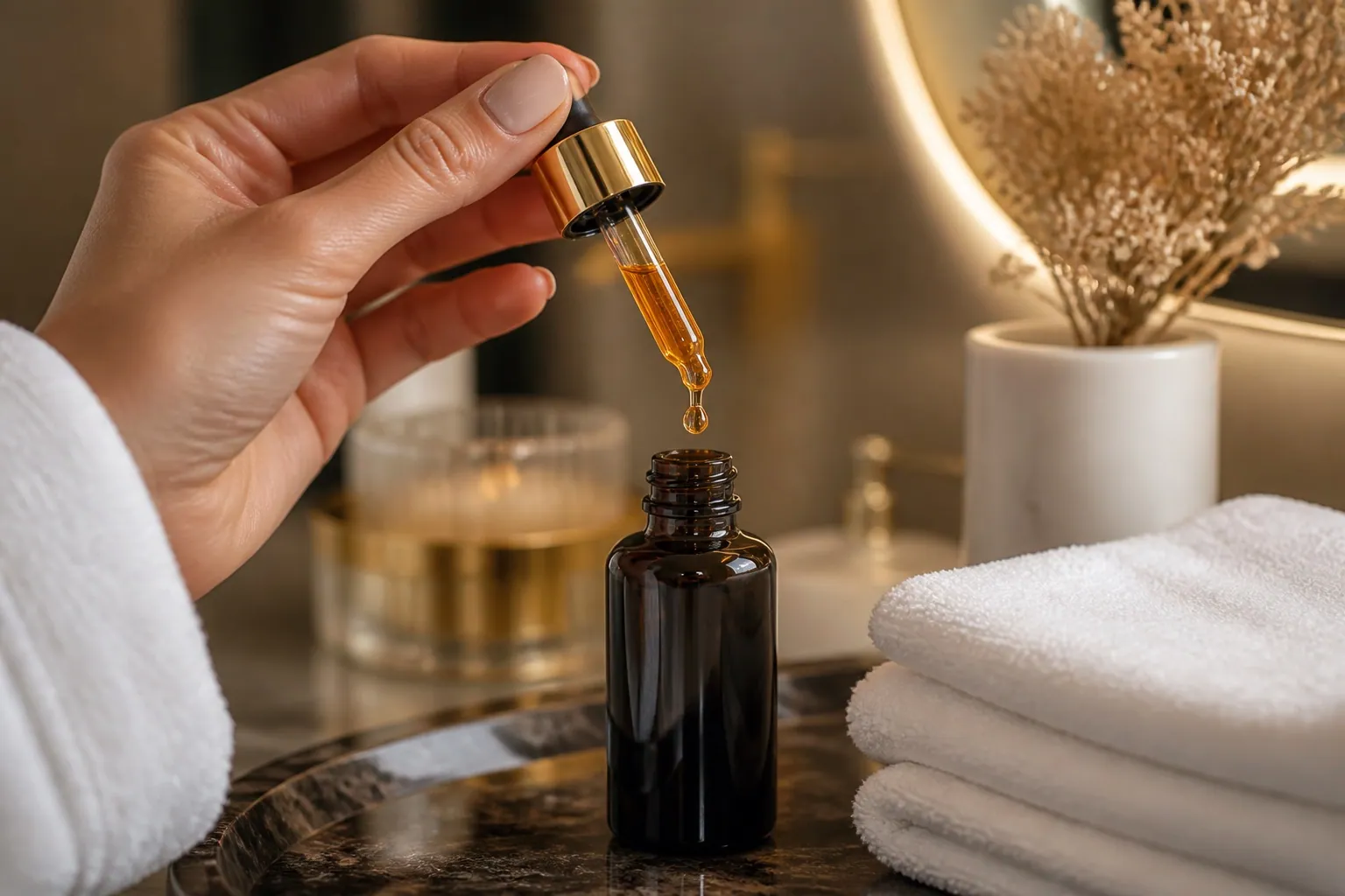 Amber vitamin C serum dispensed from a dark glass dropper